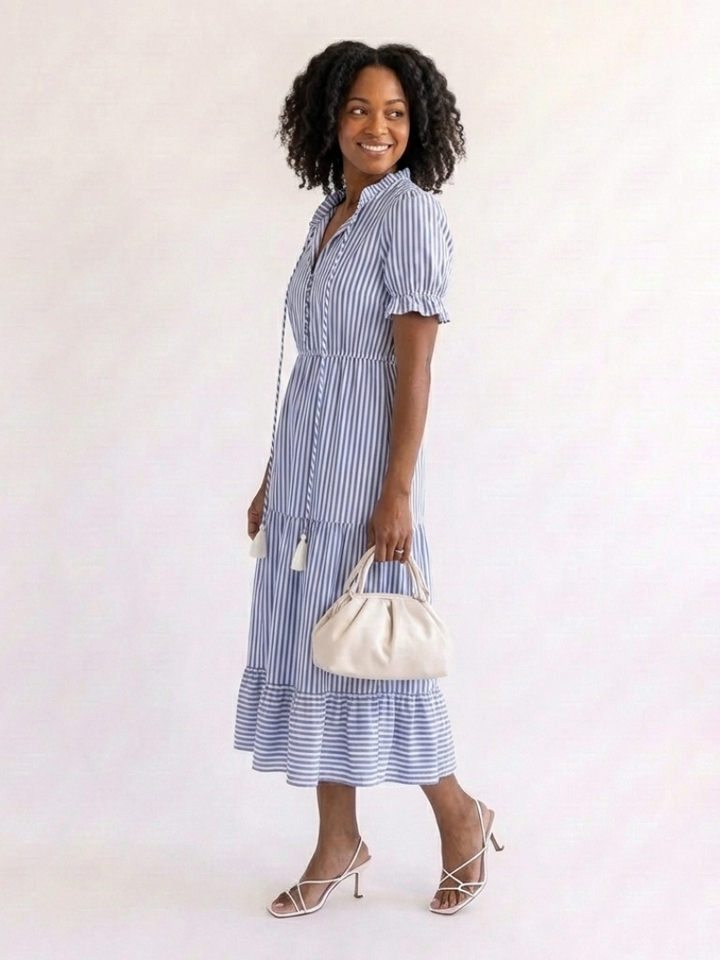 Dakota | Short Sleeve Striped Tiered Midi Dress - Maison Léa &amp; Lou