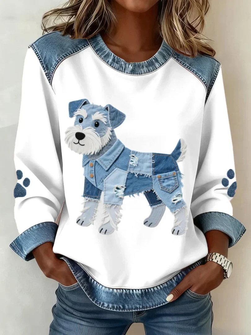 Trinity™ | Denim Accent Dog Print Top - Maison Léa &amp; Lou