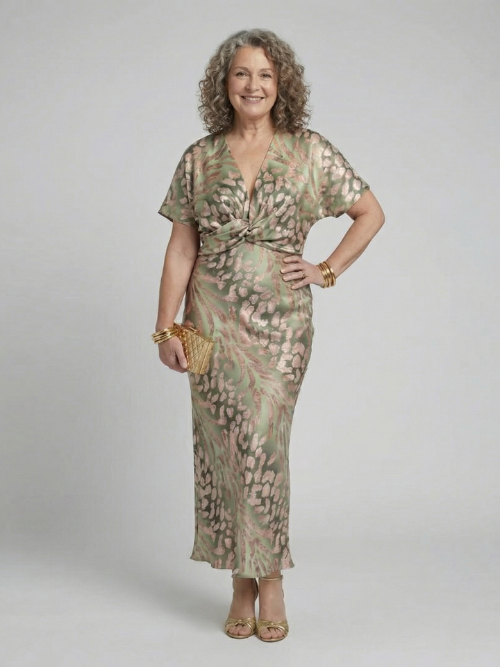 Coralie | Abstract Print V Neck Twist Waist Midi Dress - Maison Léa &amp; Lou