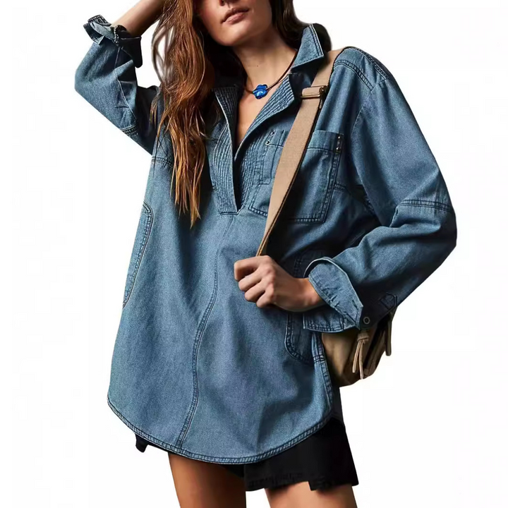 Nalinae™ | Chic V-Neck  Denim Tunic Top - Maison Léa &amp; Lou
