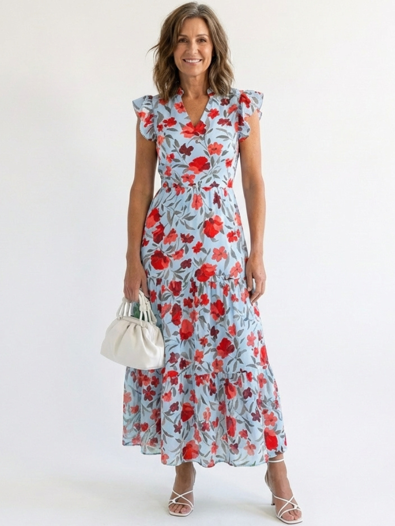 Lila | Floral V-Neck Tiered Midi Dress - Maison Léa &amp; Lou