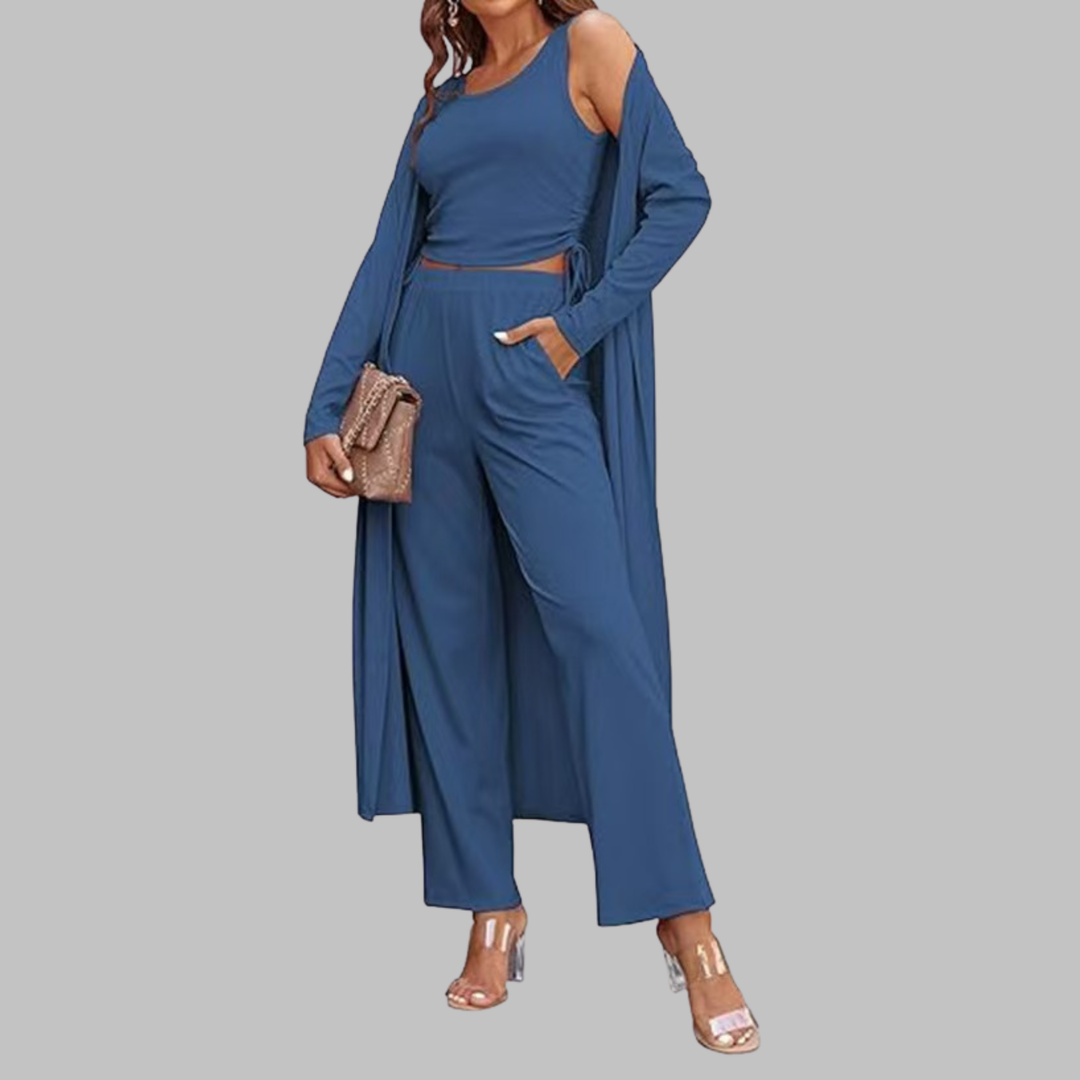SANORA™ - Casual Lightweight Three Piece Long Cardigan Drawstring Top and Pants Sleepwear - Maison Léa &amp; Lou