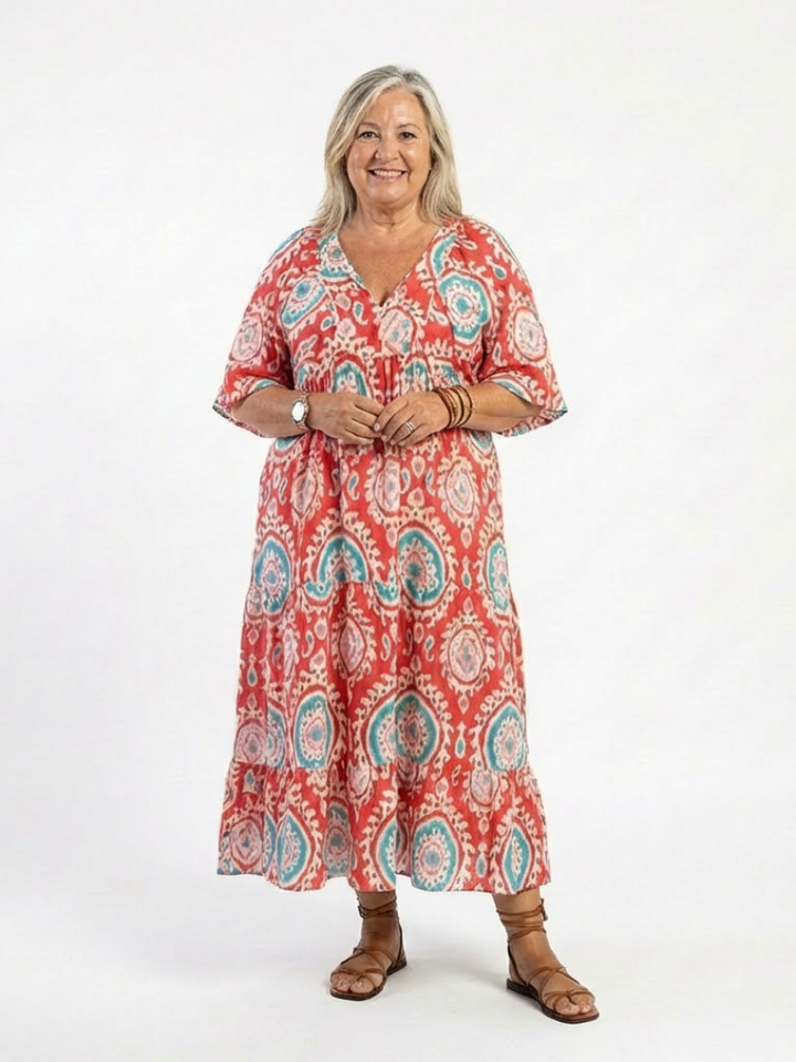 ZARIA | PAISLEY PRINT V NECK SHORT SLEEVE MIDI DRESS - Maison Léa &amp; Lou