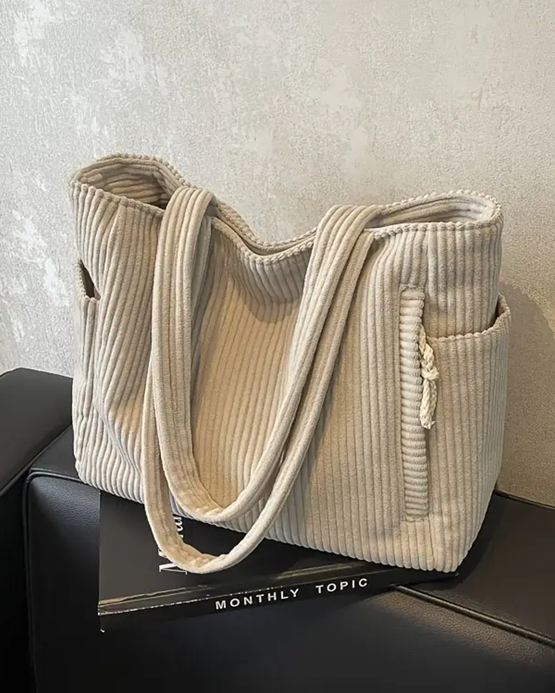 SOCIANI™ – Trending Ribbed Tote Bag with Drawstring Detail - Maison Léa &amp; Lou