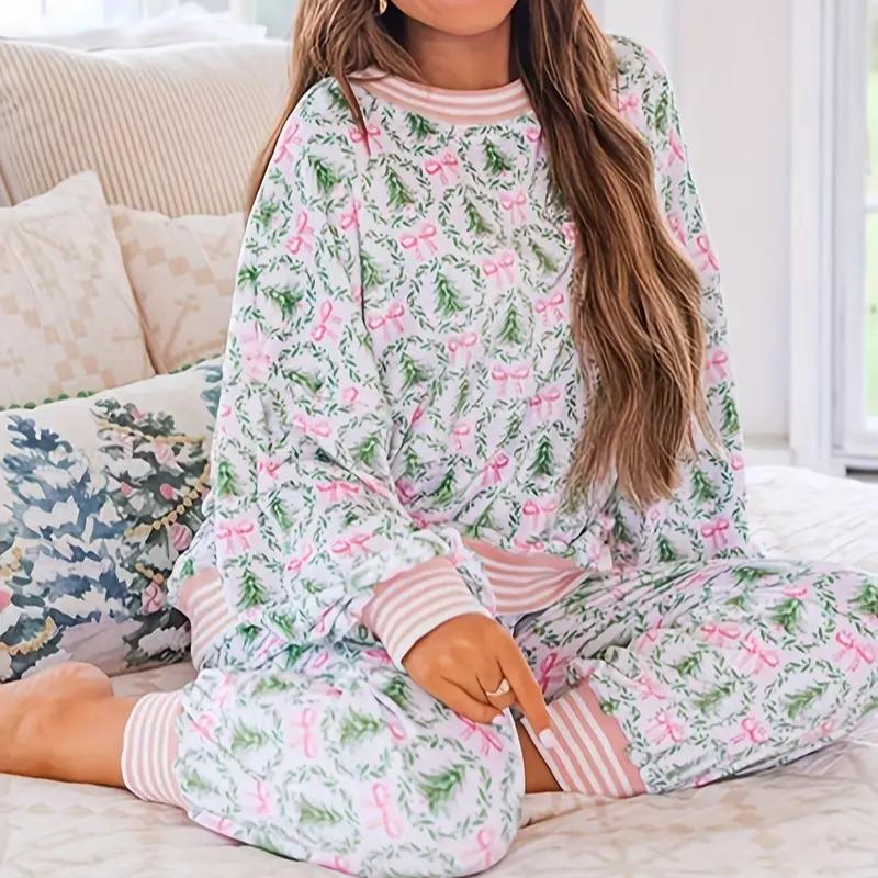 AUBREY™ - Cozy Christmas Bow Print Loungewear Set - Maison Léa & Lou