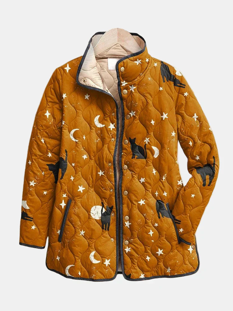 Eira | Casual Black Cat Halloween Print Quilted Jacket - Maison Léa & Lou