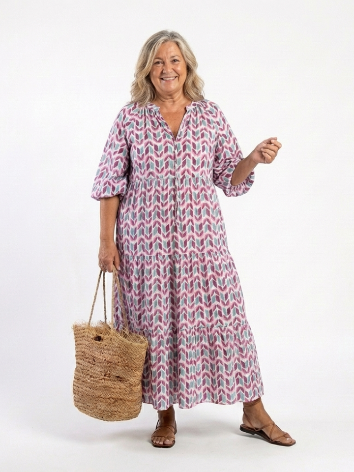 MIREYA | GEOMETRIC PRINT LONG SLEEVE TIERED MIDI DRESS - Maison Léa &amp; Lou