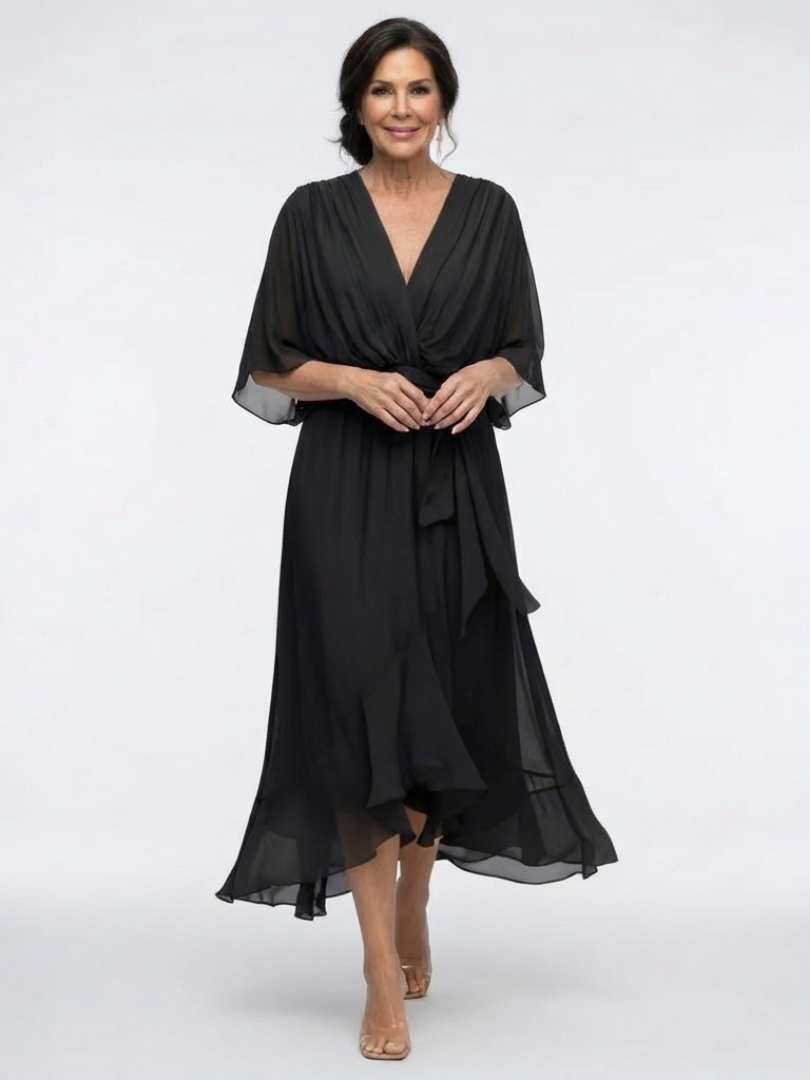 Elysia | V Neck Draped Waist Tie Midi Dress - Maison Léa &amp; Lou