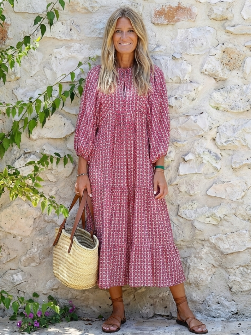 ARLETTE | GEOMETRIC PRINT LONG SLEEVE MIDI DRESS - Maison Léa &amp; Lou