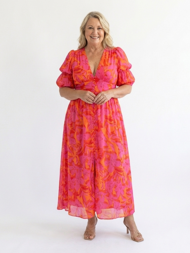 Willow | Floral V Neck Puff Sleeve Midi Dress - Maison Léa &amp; Lou