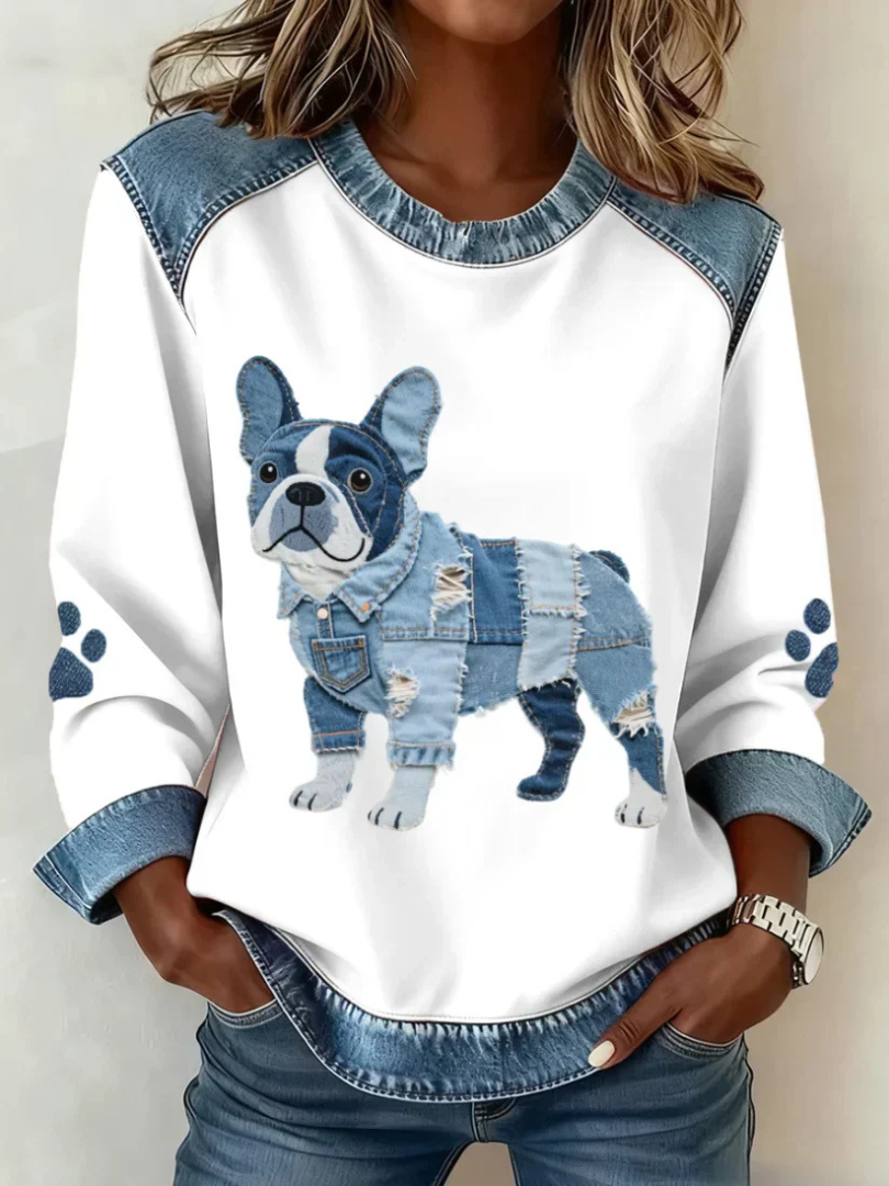 Trinity™ | Denim Accent Dog Print Top - Maison Léa &amp; Lou