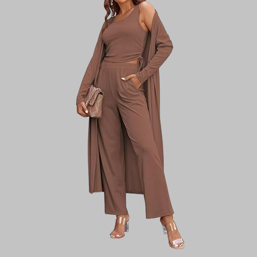 SANORA™ - Casual Lightweight Three Piece Long Cardigan Drawstring Top and Pants Sleepwear - Maison Léa &amp; Lou