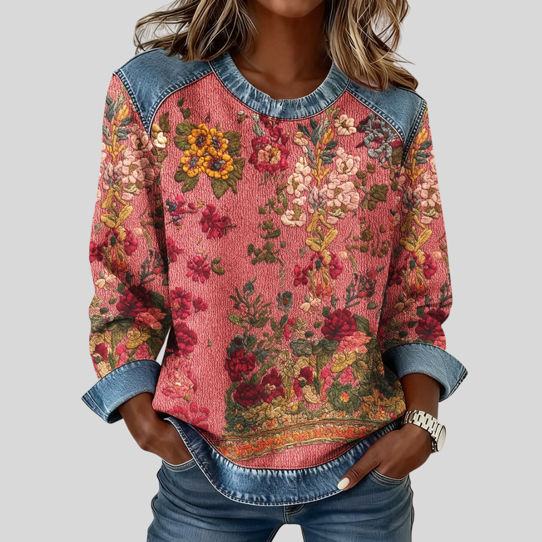 Odette™ | Floral 3D Print Denim Sweatshirt - Maison Léa & Lou