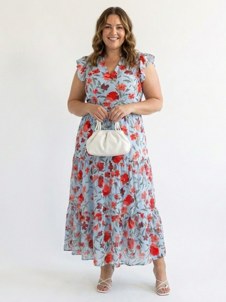Lila | Floral V-Neck Tiered Midi Dress - Maison Léa &amp; Lou