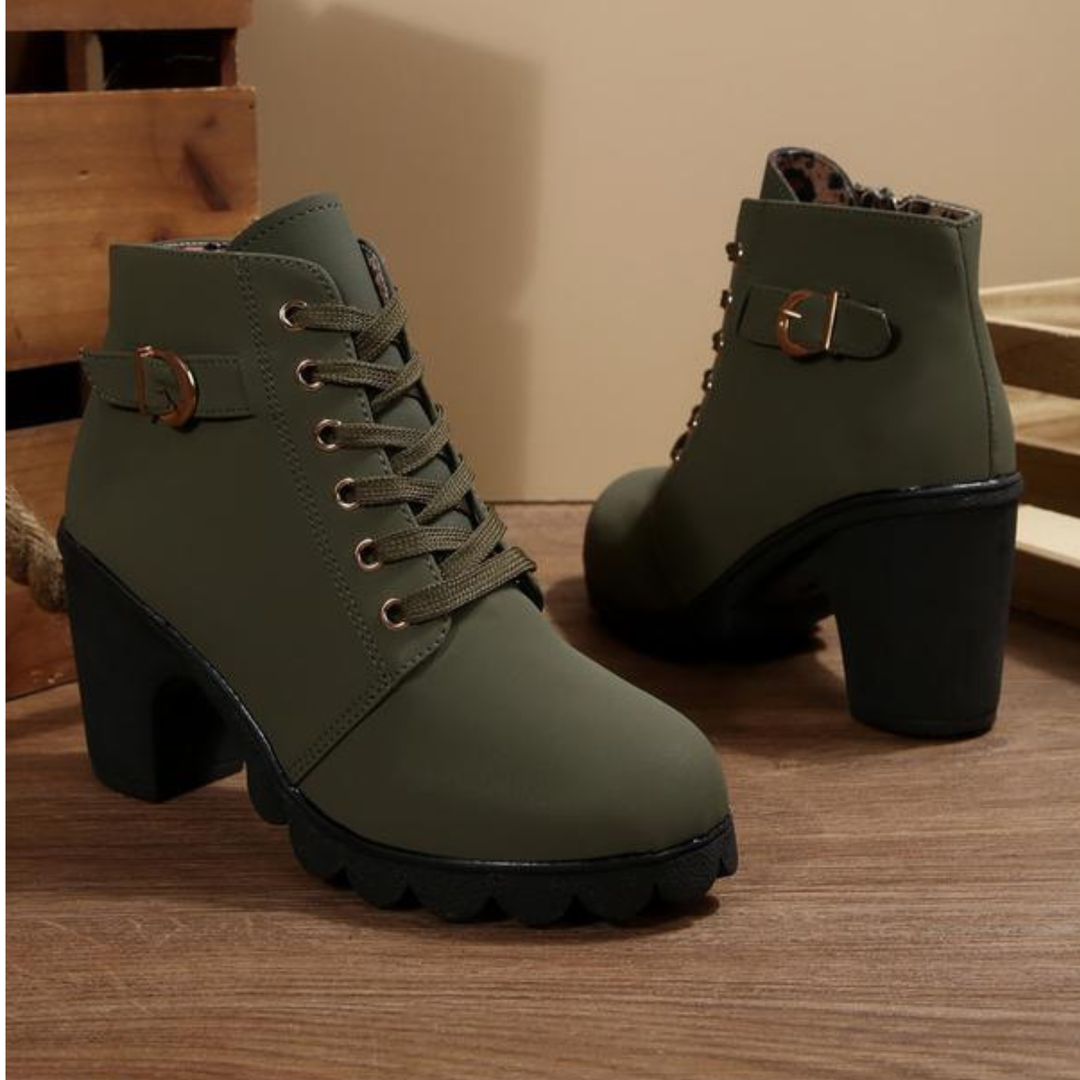KATNI™ - Chic Lace-Up Metal Buckle Chunky Ankle Boots - Maison Léa &amp; Lou