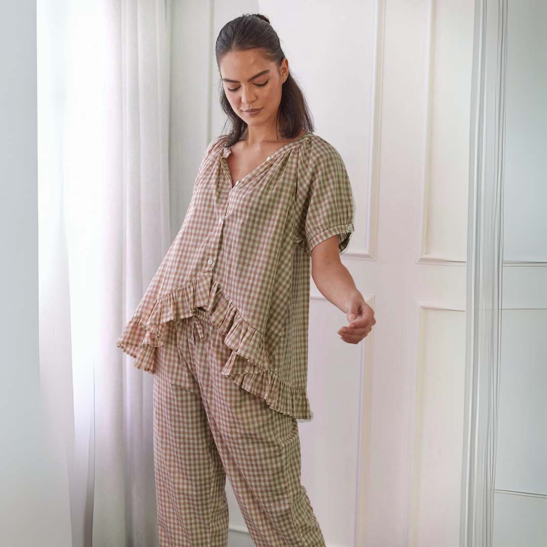 NEVERLAND™ - Casual Plaid Puff Sleeve Top and Pants Set - Maison Léa & Lou