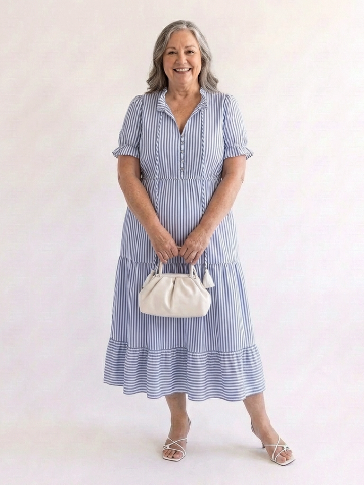 Dakota | Short Sleeve Striped Tiered Midi Dress - Maison Léa &amp; Lou