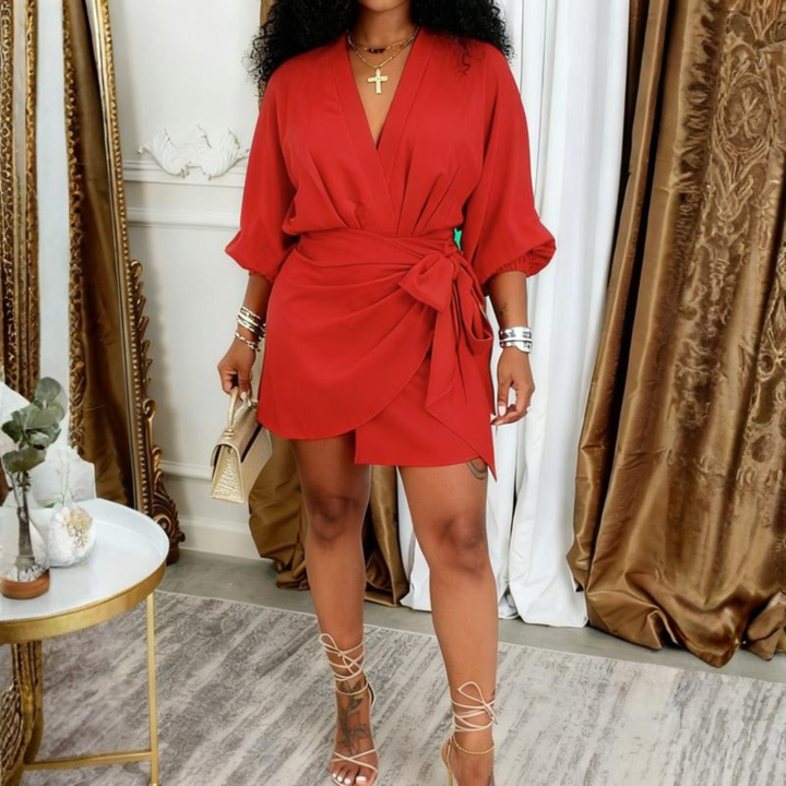 JEIYA™ - Chic Plain Side Tie Wrap V-Neck Bishop Party Mini Dress - Maison Léa &amp; Lou