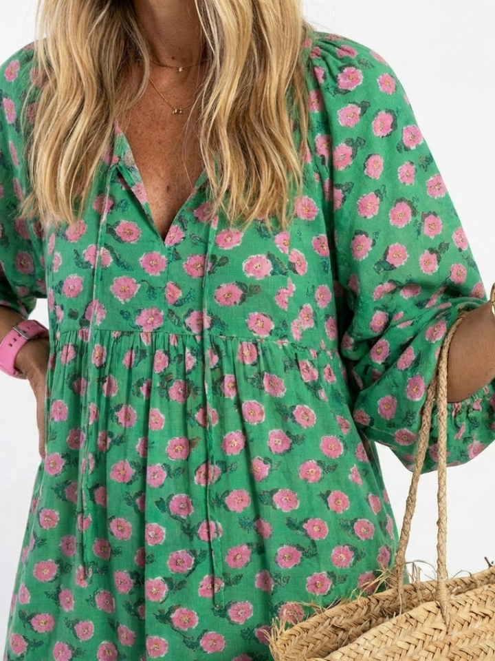 FIORA | FLORAL PRINT V NECK TIERED MIDI DRESS - Maison Léa &amp; Lou