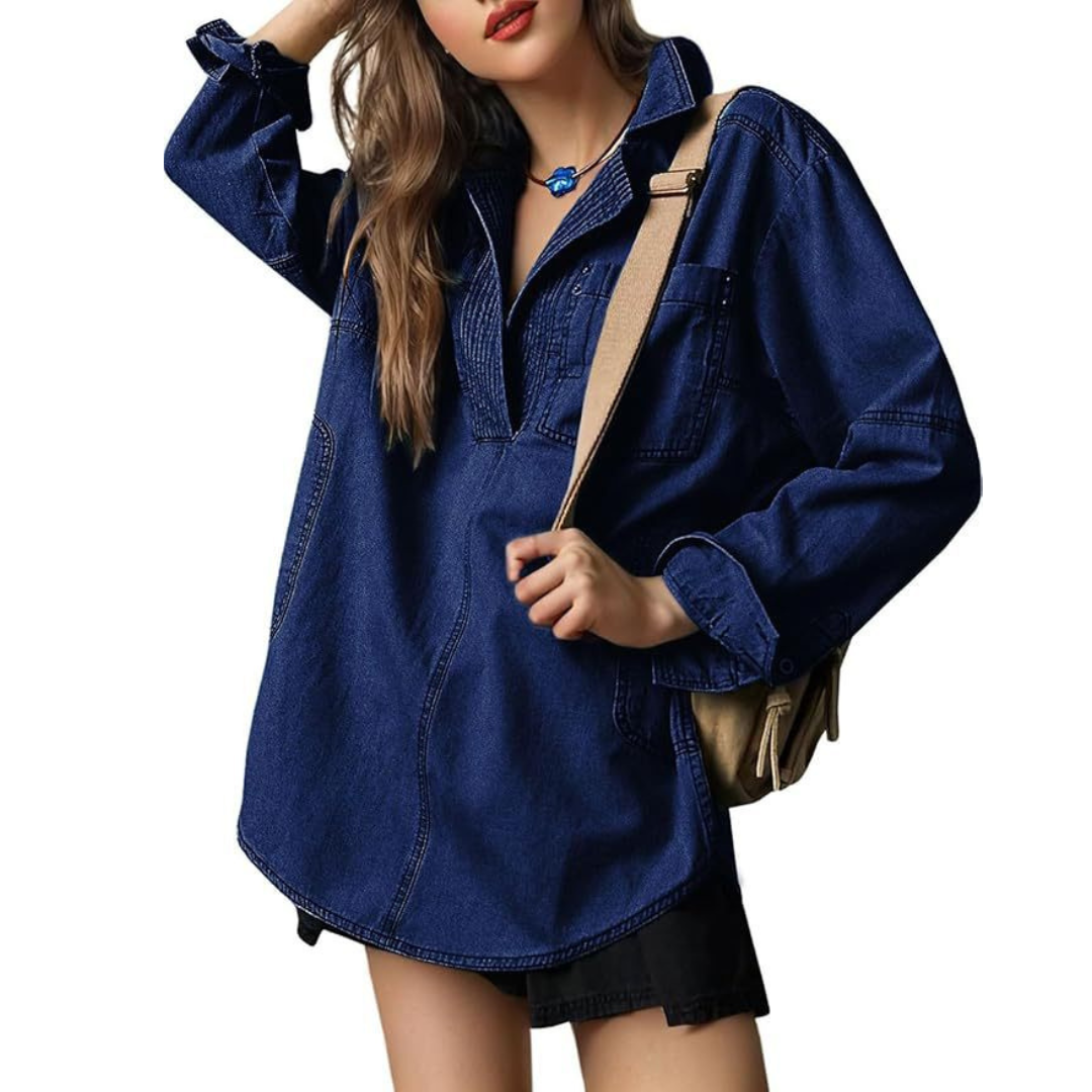 Nalinae™ | Chic V-Neck  Denim Tunic Top - Maison Léa &amp; Lou