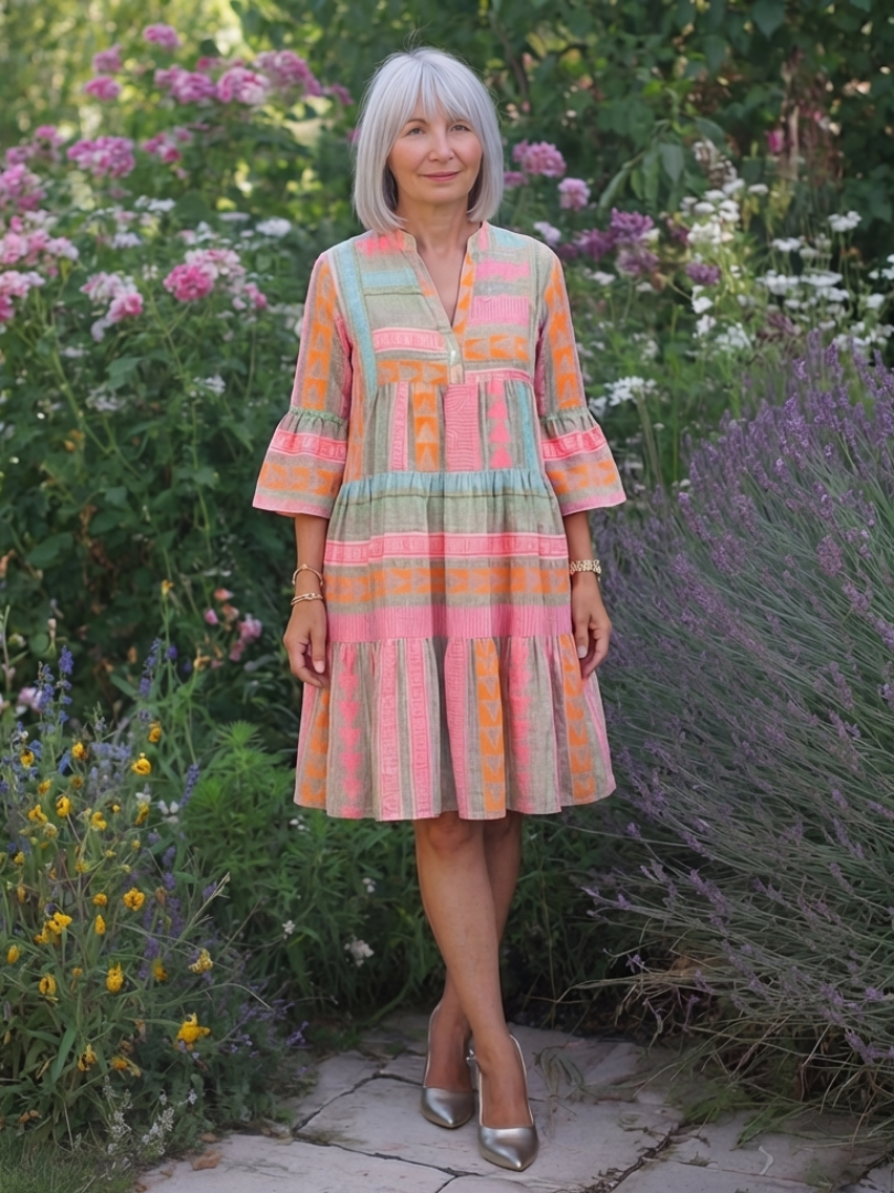 Maelle | Geometric Print V Neck Tiered Knee Length Dress - Maison Léa &amp; Lou