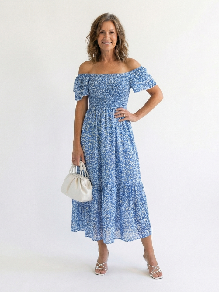 Odette | Off Shoulder Floral Smocked Midi Dress - Maison Léa &amp; Lou