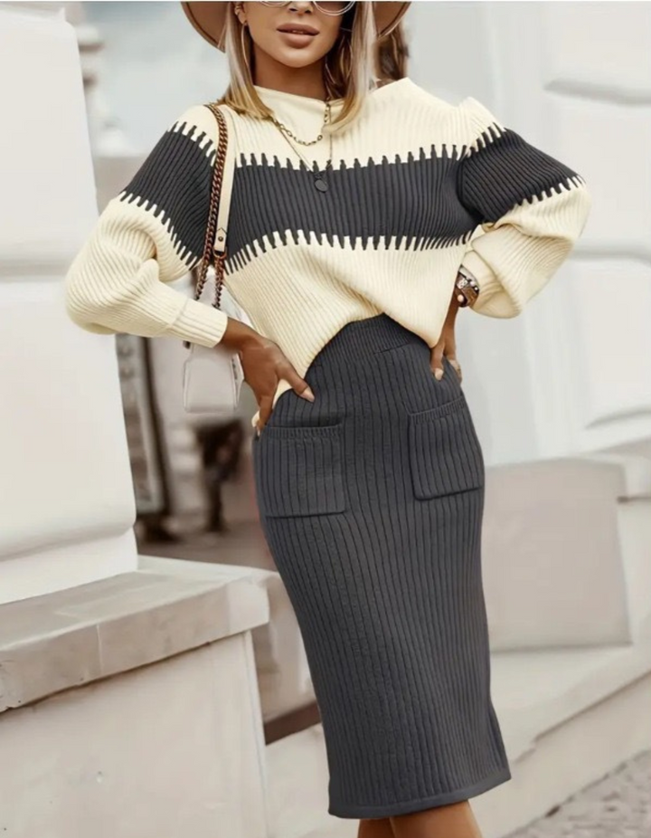 VIVA™ - Elegant Mock Neck Sweater and High Waist Skirt Set - Maison Léa &amp; Lou