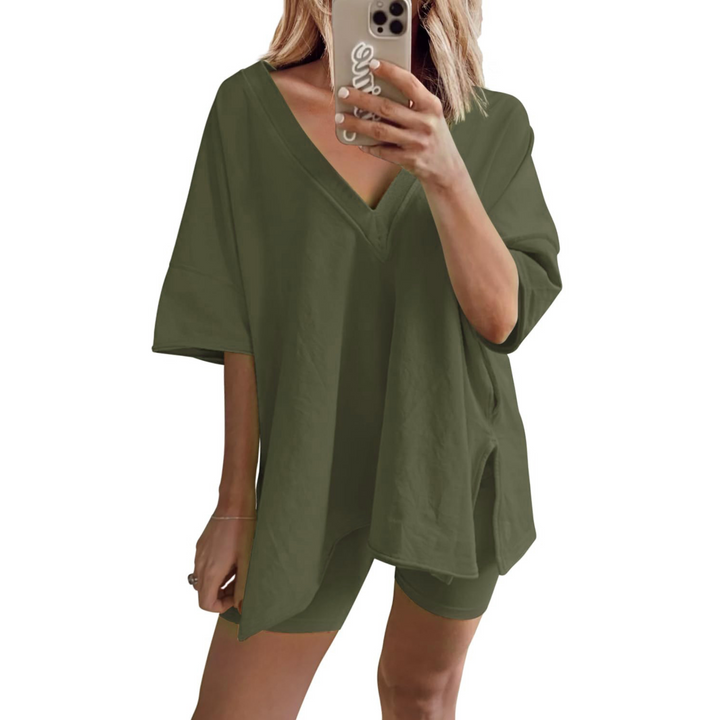RAMLYN™ – Casual Oversized V-Neck and Short Set - Maison Léa &amp; Lou