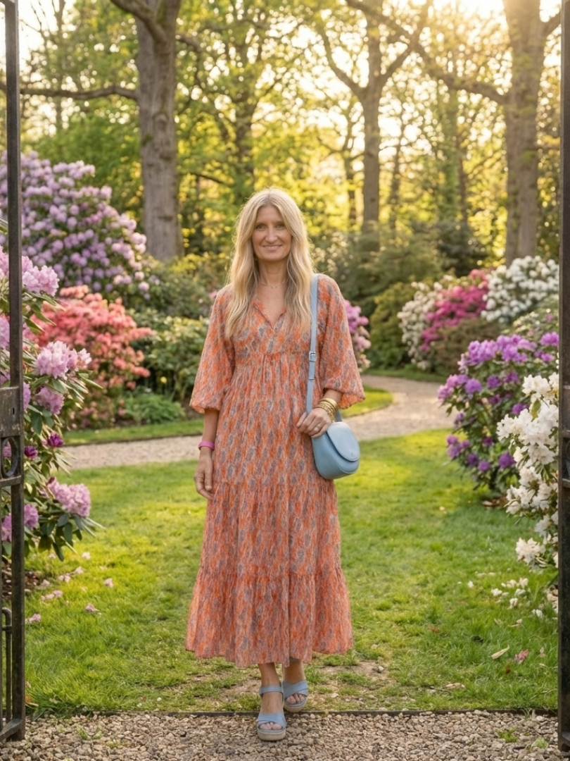 AMARA | GEOMETRIC PRINT V NECK TIERED MIDI DRESS - Maison Léa &amp; Lou