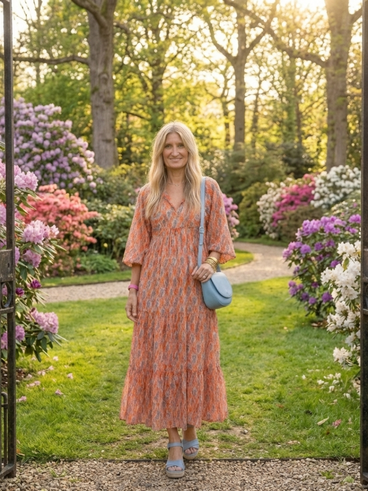 AMARA | GEOMETRIC PRINT V NECK TIERED MIDI DRESS - Maison Léa &amp; Lou