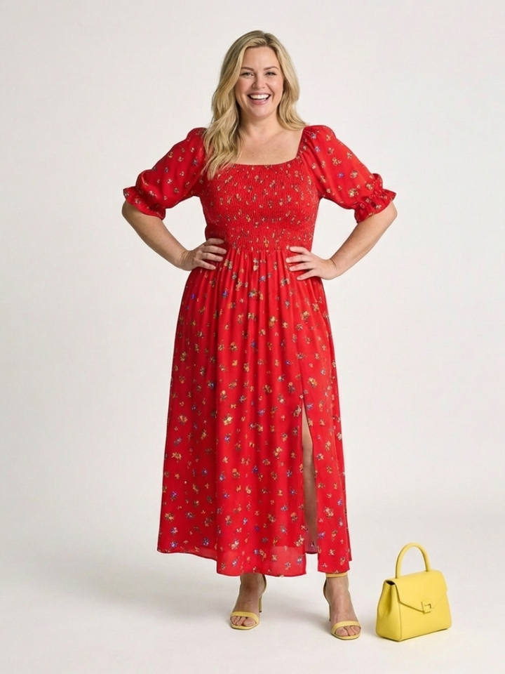 Delphine | Square Neck Floral Puff Sleeve Midi Dress - Maison Léa &amp; Lou