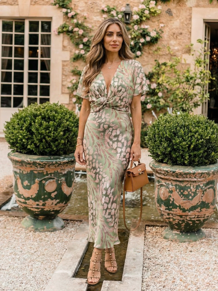 Coralie | Abstract Print V Neck Twist Waist Midi Dress - Maison Léa &amp; Lou
