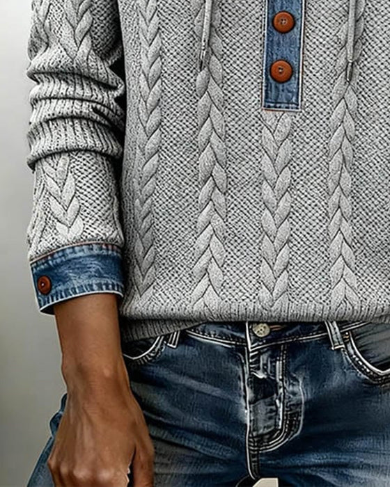 Sophie™ | Knit Hoodie with Denim Contrast - Maison Léa &amp; Lou