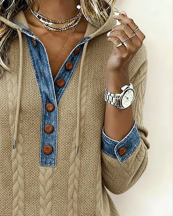 Sophie™ | Knit Hoodie with Denim Contrast - Maison Léa &amp; Lou
