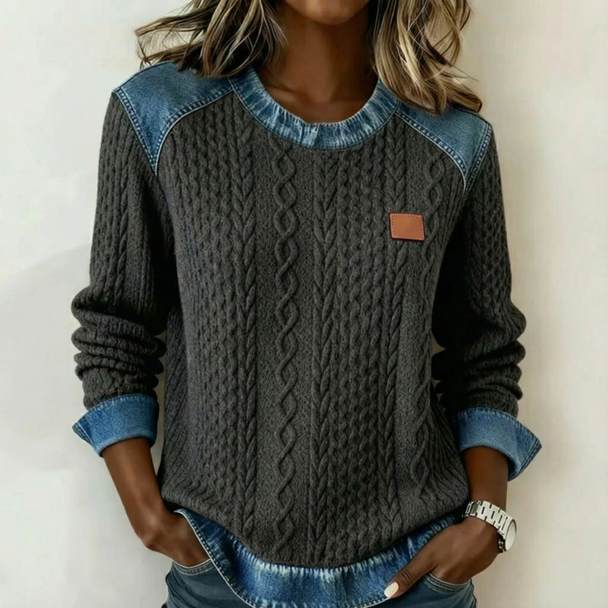 Averique™ | Knit Denim Accent Sweater - Maison Léa & Lou