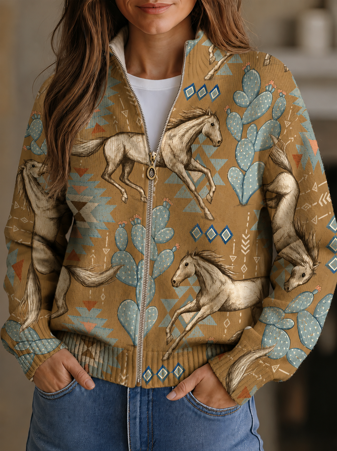 Perpetua™ | Desert Horse and Cactus Zip Cardigan - Maison Léa &amp; Lou
