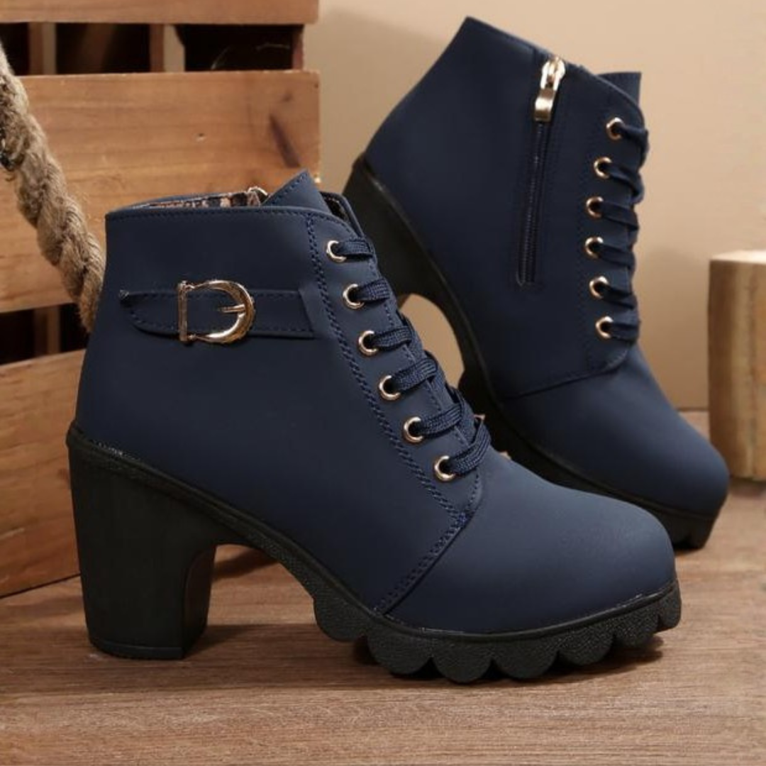 KATNI™ - Chic Lace-Up Metal Buckle Chunky Ankle Boots - Maison Léa &amp; Lou