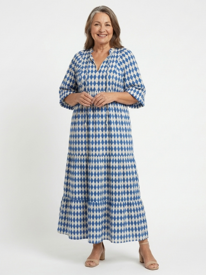 Elodie | Diamond Print Tiered Midi Dress - Maison Léa &amp; Lou