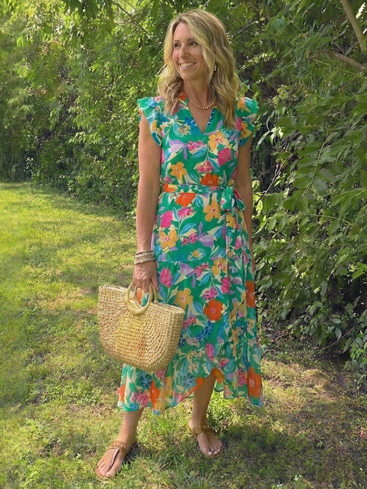 Lila | Floral V-Neck Tiered Midi Dress - Maison Léa &amp; Lou