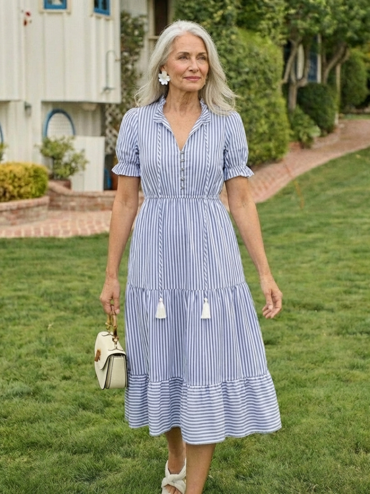 Dakota | Short Sleeve Striped Tiered Midi Dress - Maison Léa &amp; Lou