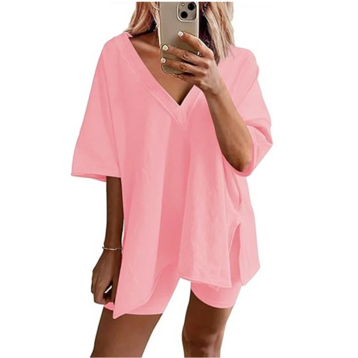 RAMLYN™ – Casual Oversized V-Neck and Short Set - Maison Léa &amp; Lou