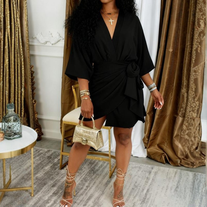 JEIYA™ - Chic Plain Side Tie Wrap V-Neck Bishop Party Mini Dress - Maison Léa &amp; Lou