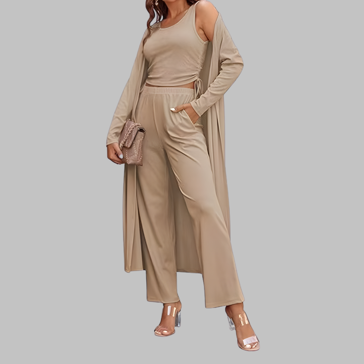 SANORA™ - Casual Lightweight Three Piece Long Cardigan Drawstring Top and Pants Sleepwear - Maison Léa &amp; Lou