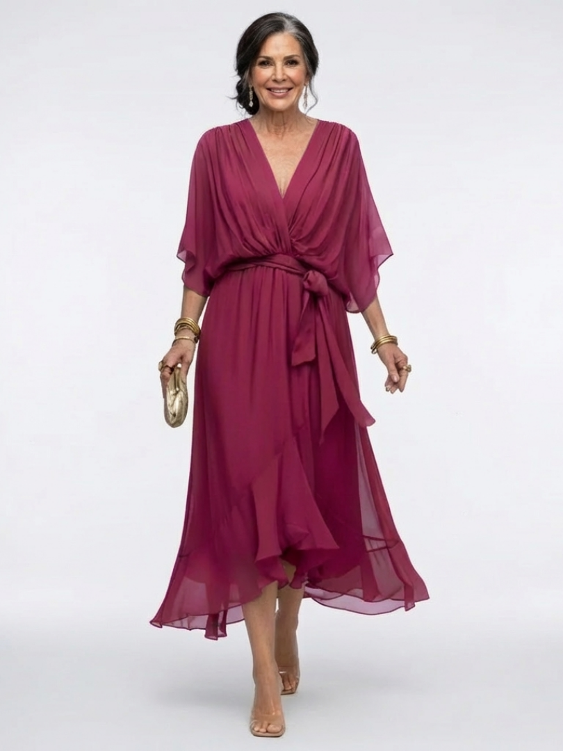 Elysia | V Neck Draped Waist Tie Midi Dress - Maison Léa &amp; Lou