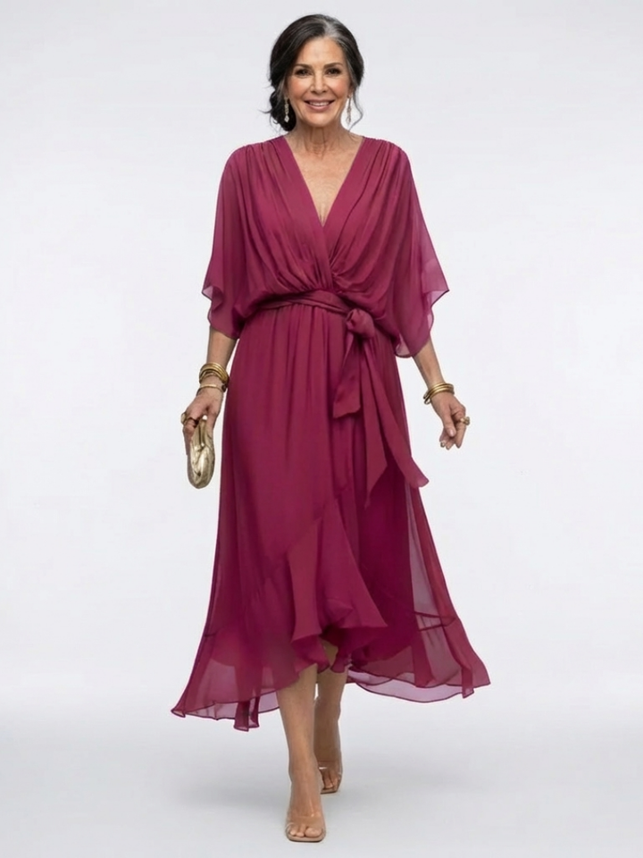 Elysia | V Neck Draped Waist Tie Midi Dress - Maison Léa &amp; Lou