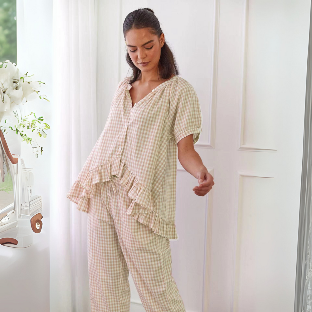 NEVERLAND™ - Casual Plaid Puff Sleeve Top and Pants Set - Maison Léa & Lou