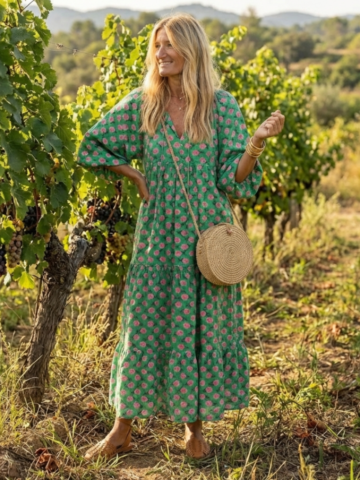 FIORA | FLORAL PRINT V NECK TIERED MIDI DRESS - Maison Léa &amp; Lou