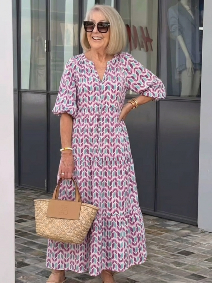 MIREYA | GEOMETRIC PRINT LONG SLEEVE TIERED MIDI DRESS - Maison Léa &amp; Lou