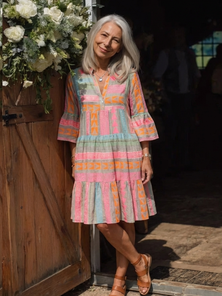 Maelle | Geometric Print V Neck Tiered Knee Length Dress - Maison Léa &amp; Lou