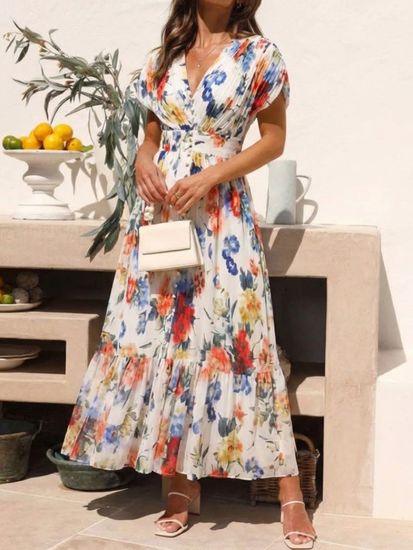 Savannah | Short Sleeve Pleated Floral Midi Dress - Maison Léa &amp; Lou
